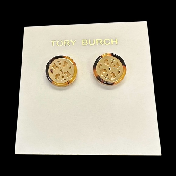 Tory Burch Miller Tortoise Gold Tone Double-T Logo Stud Earrings Women’s New - Picture 3 of 7
